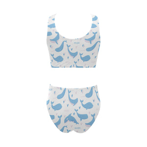 Blue whale pattern Chest Bowknot High Waisted Bikini Swimsuit