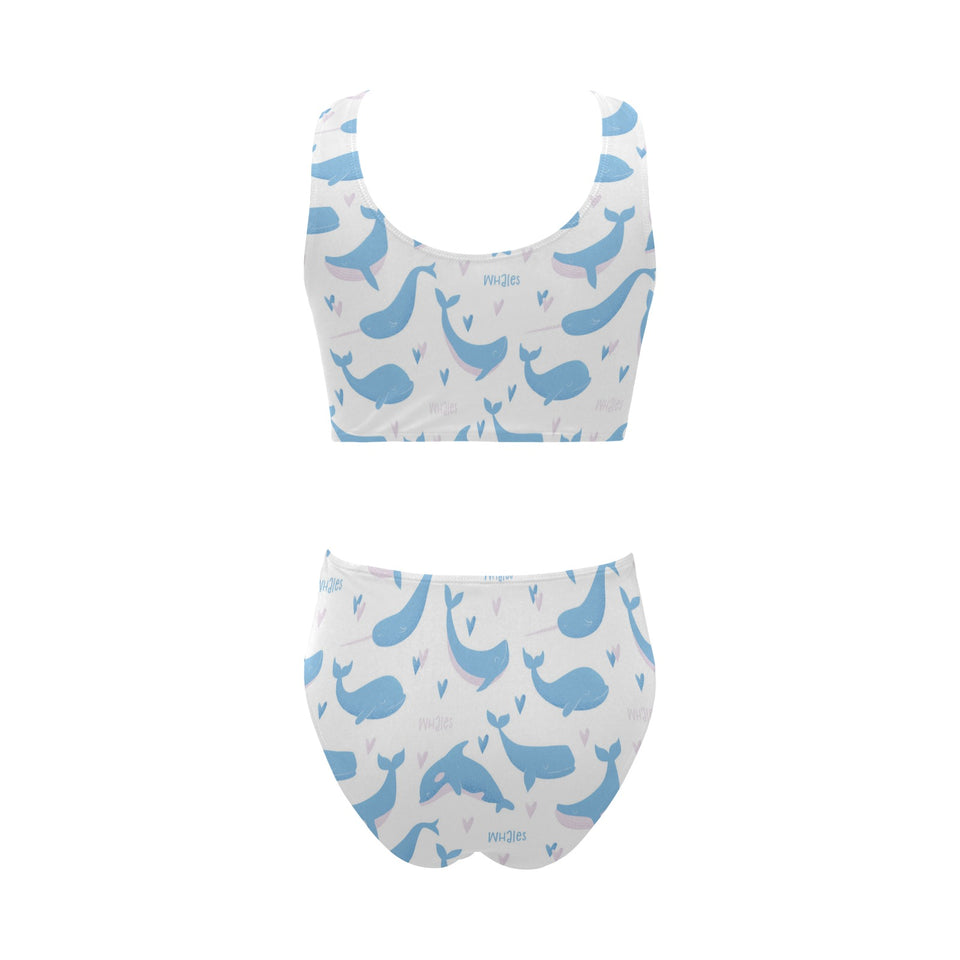 Blue whale pattern Chest Bowknot High Waisted Bikini Swimsuit