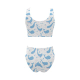 Blue whale pattern Chest Bowknot High Waisted Bikini Swimsuit