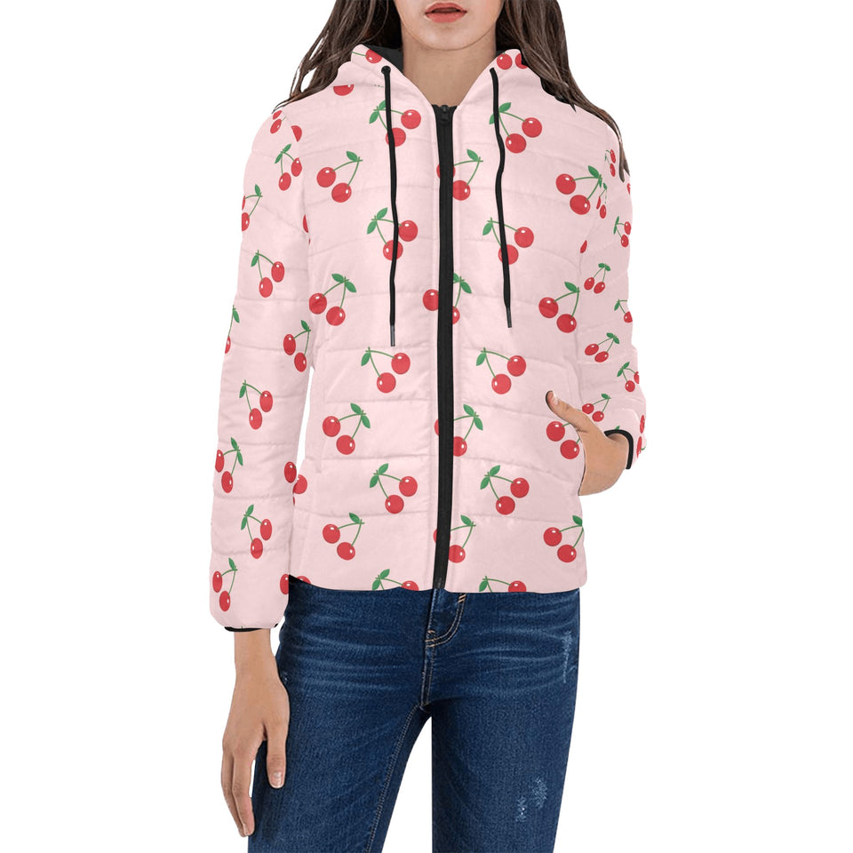 cherry pattern pink background Women's Padded Hooded Jacket