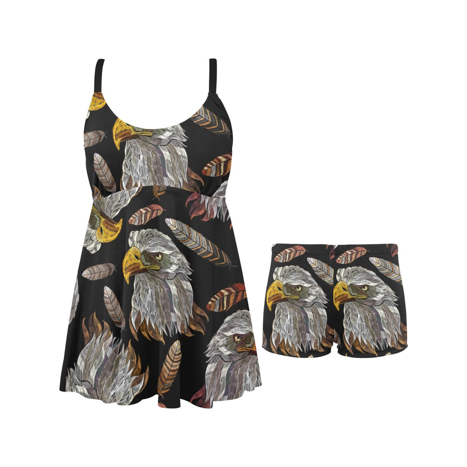 Eagle Pattern Print Design 05 Chest Sexy Pleated Two Piece Swim Dress