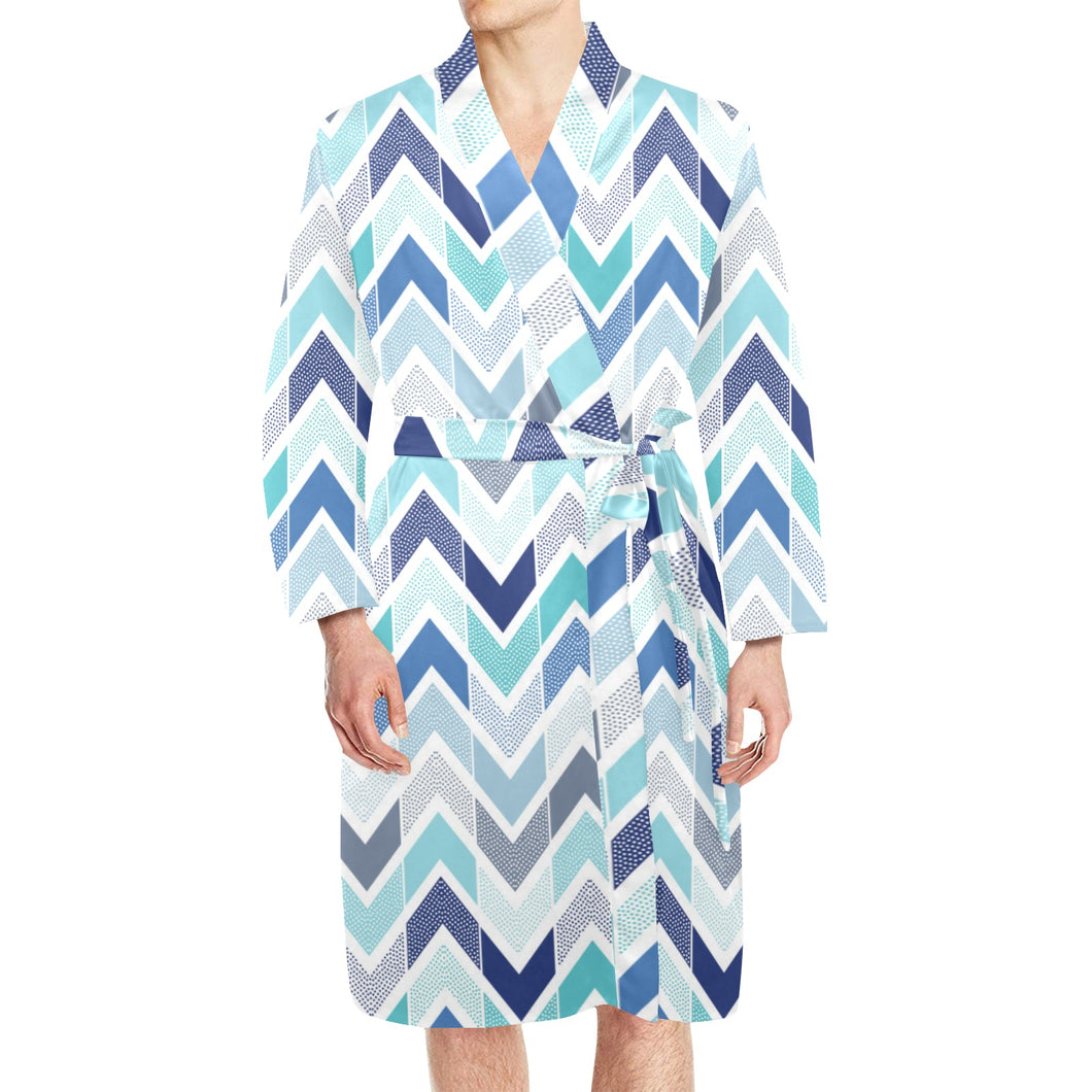 zigzag chevron blue pattern Men's Long Sleeve Belted Night Robe