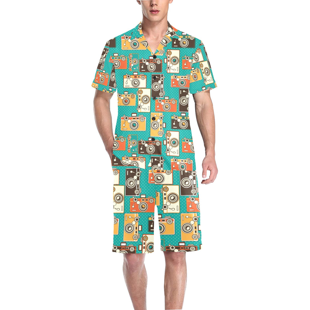 Camera Pattern Print Design 03 Men's V-Neck Short Pajama Set