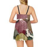 Japanese cranes flying forest dot pattern Chest Sexy Pleated Two Piece Swim Dress