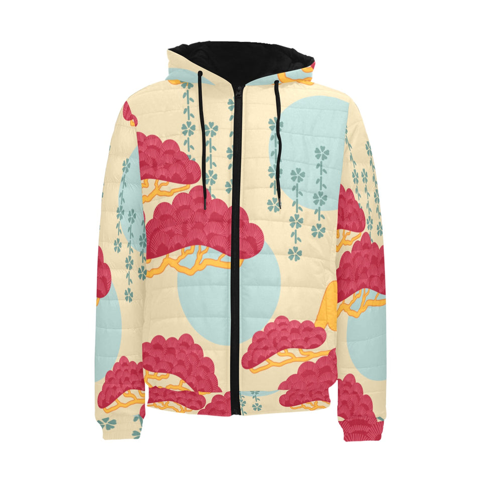 Red Bonsai gray sun japanese pattern Men's Padded Hooded Jacket