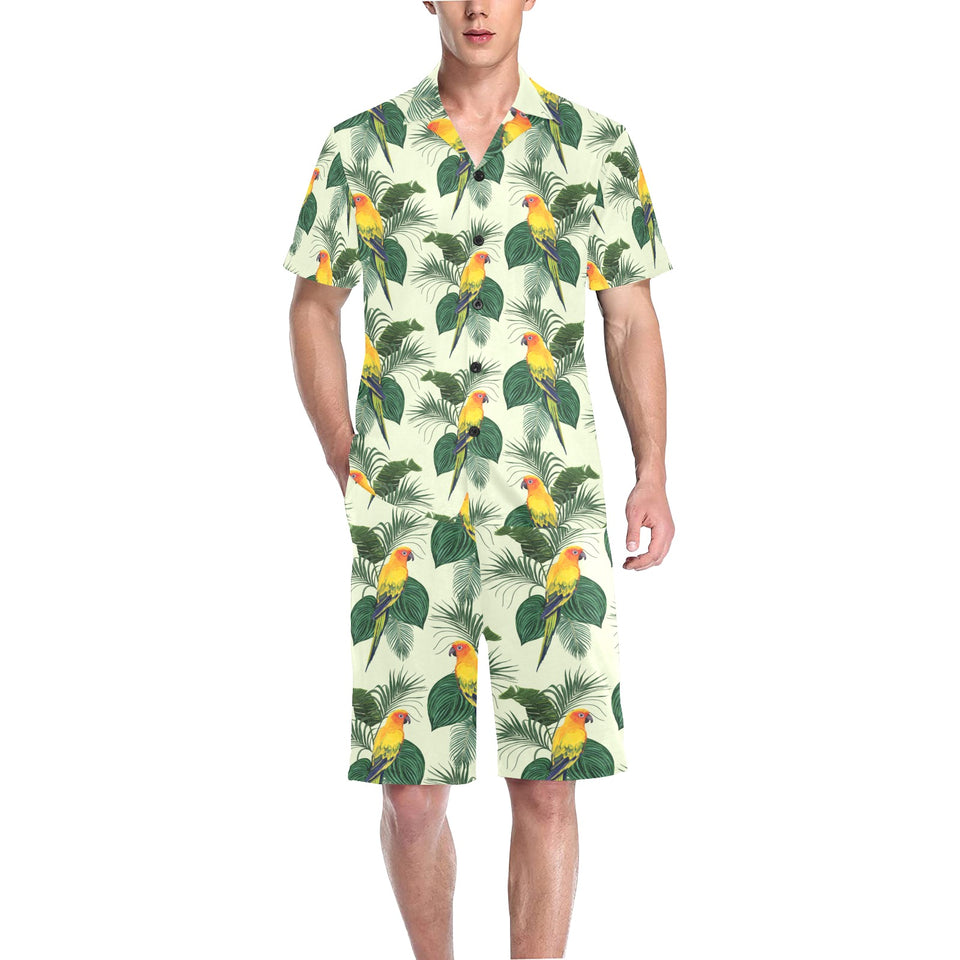 Beautiful parrot palm leaves pattern Men's V-Neck Short Pajama Set