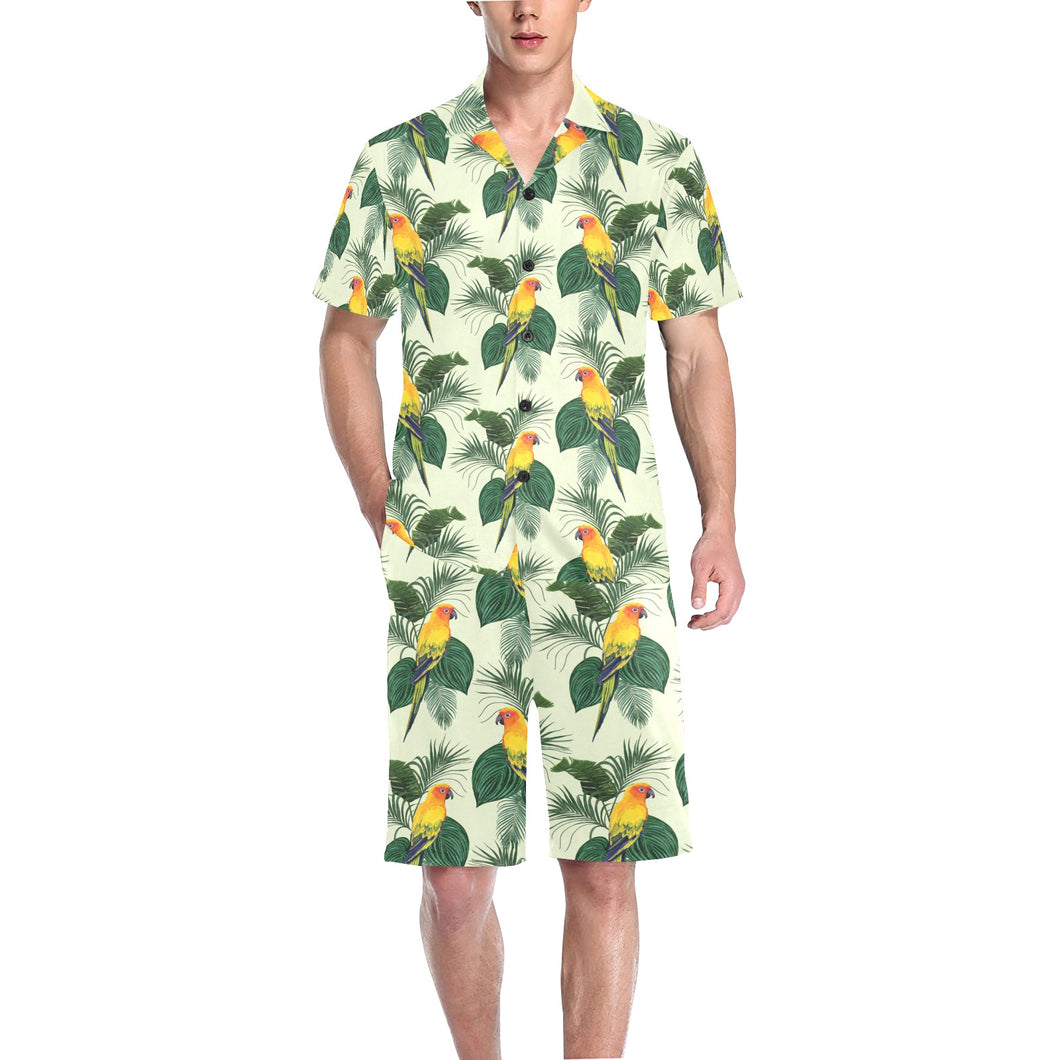 Beautiful parrot palm leaves pattern Men's V-Neck Short Pajama Set