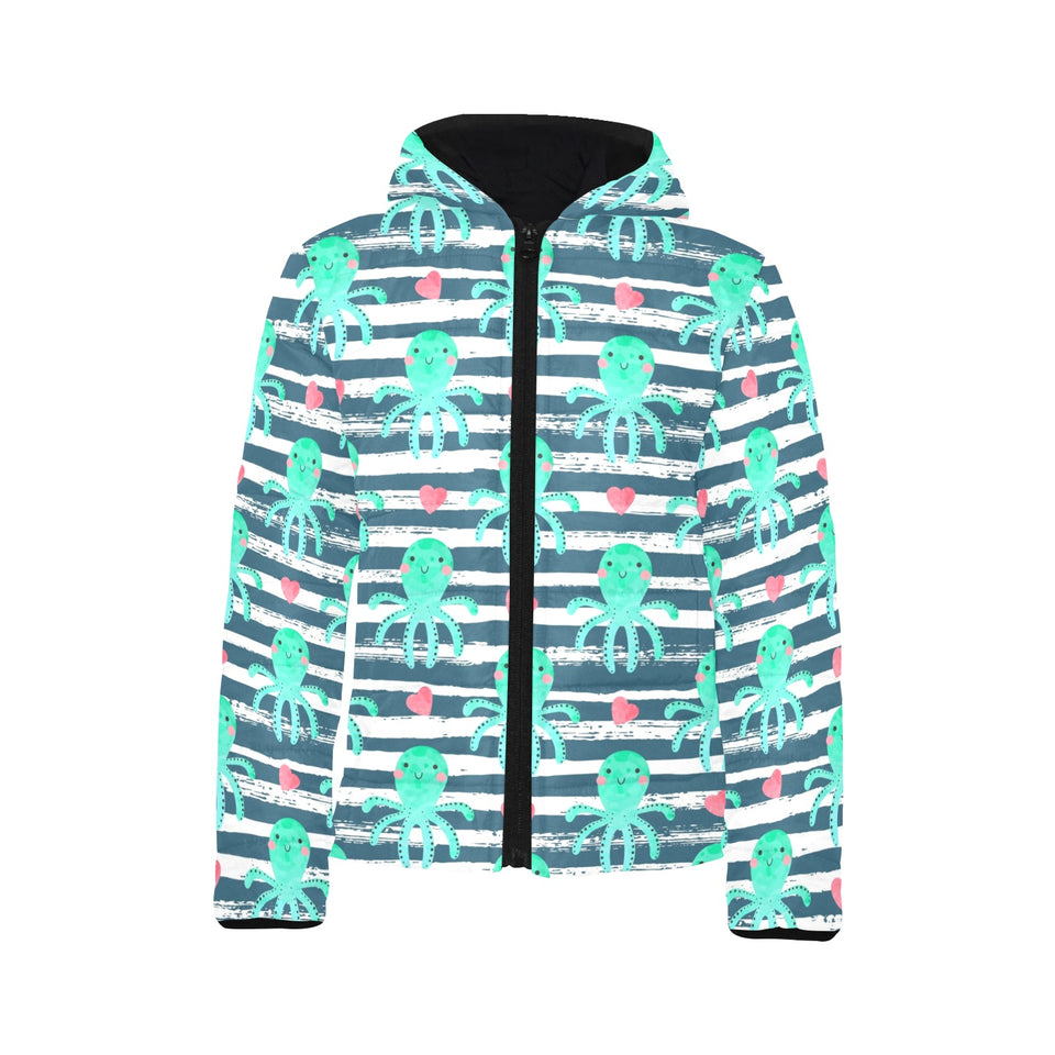 Cute octopuses heart striped background Kids' Boys' Girls' Padded Hooded Jacket