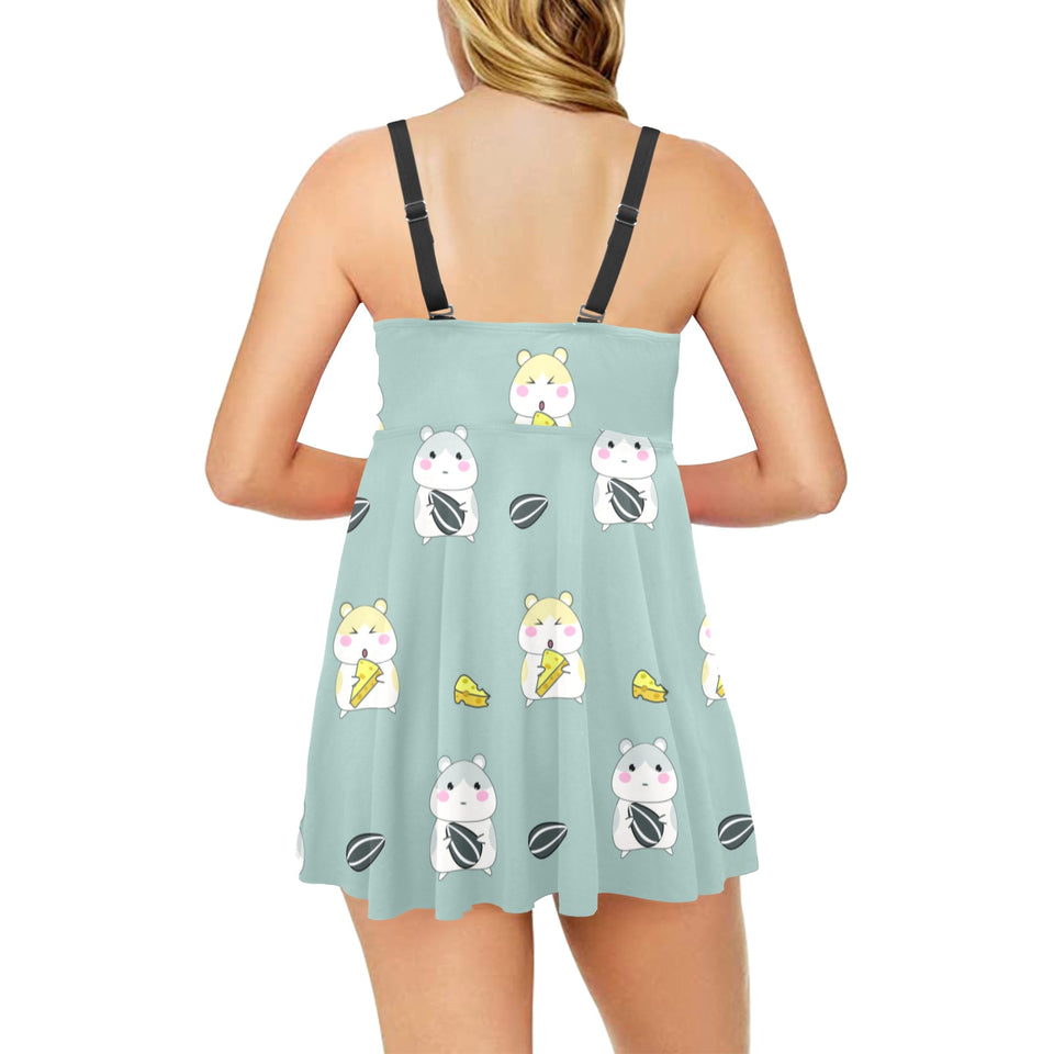 Cute hamster cheese pattern Chest Sexy Pleated Two Piece Swim Dress