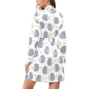 Hedgehog Pattern Print Design 04 Women's Long Sleeve Belted Night Robe