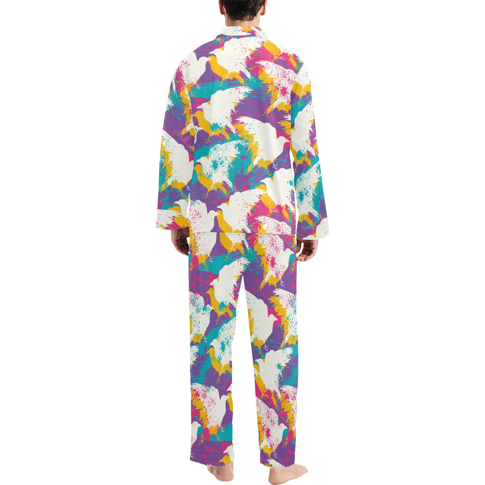 Colorful crow illustration pattern Men's Long Pajama Set