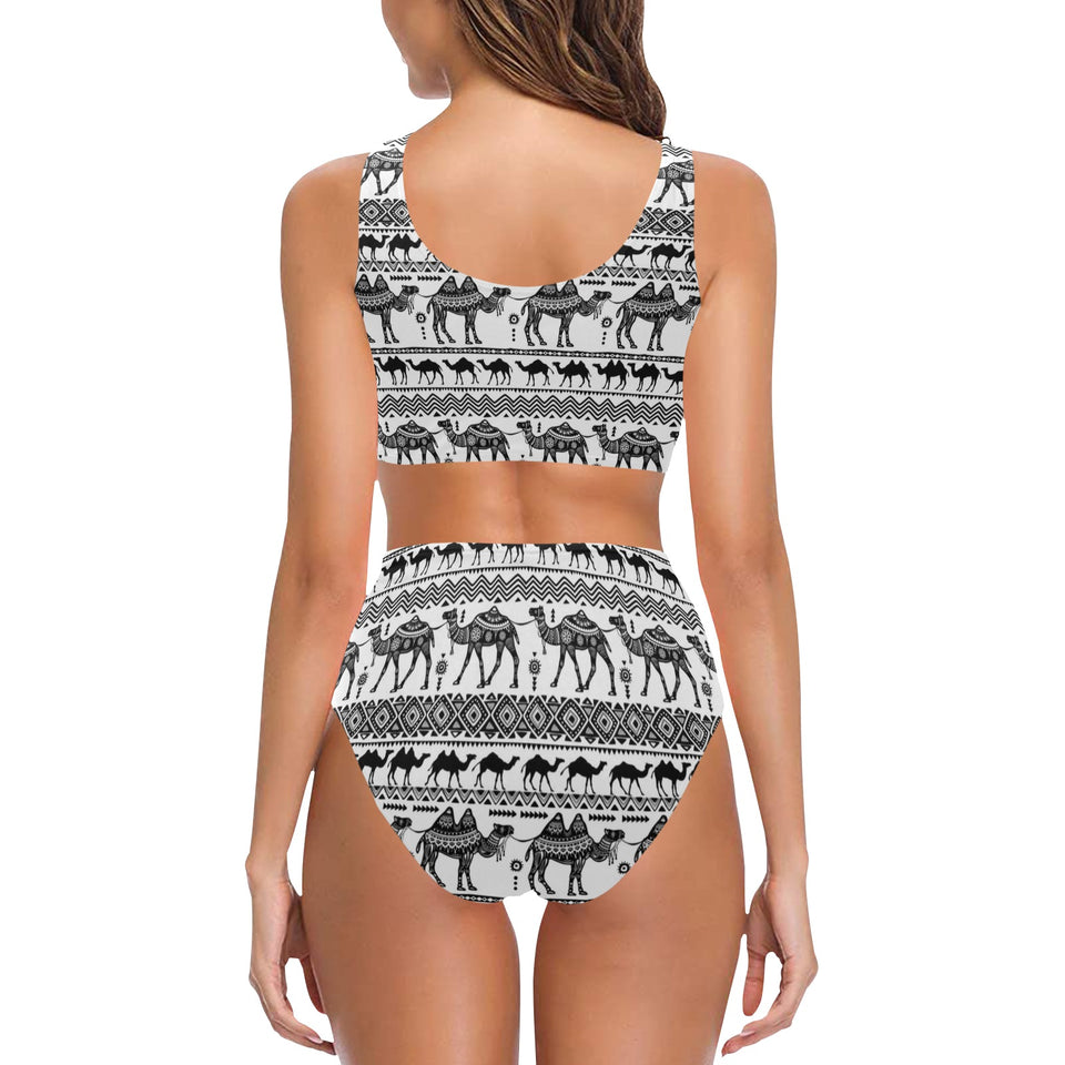 Camel polynesian tribal pattern Chest Bowknot High Waisted Bikini Swimsuit
