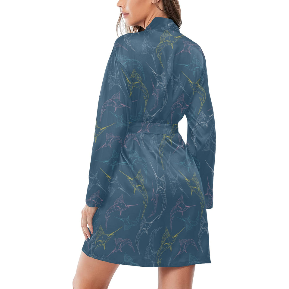 Swordfish Pattern Print Design 02 Women's Long Sleeve Belted Night Robe