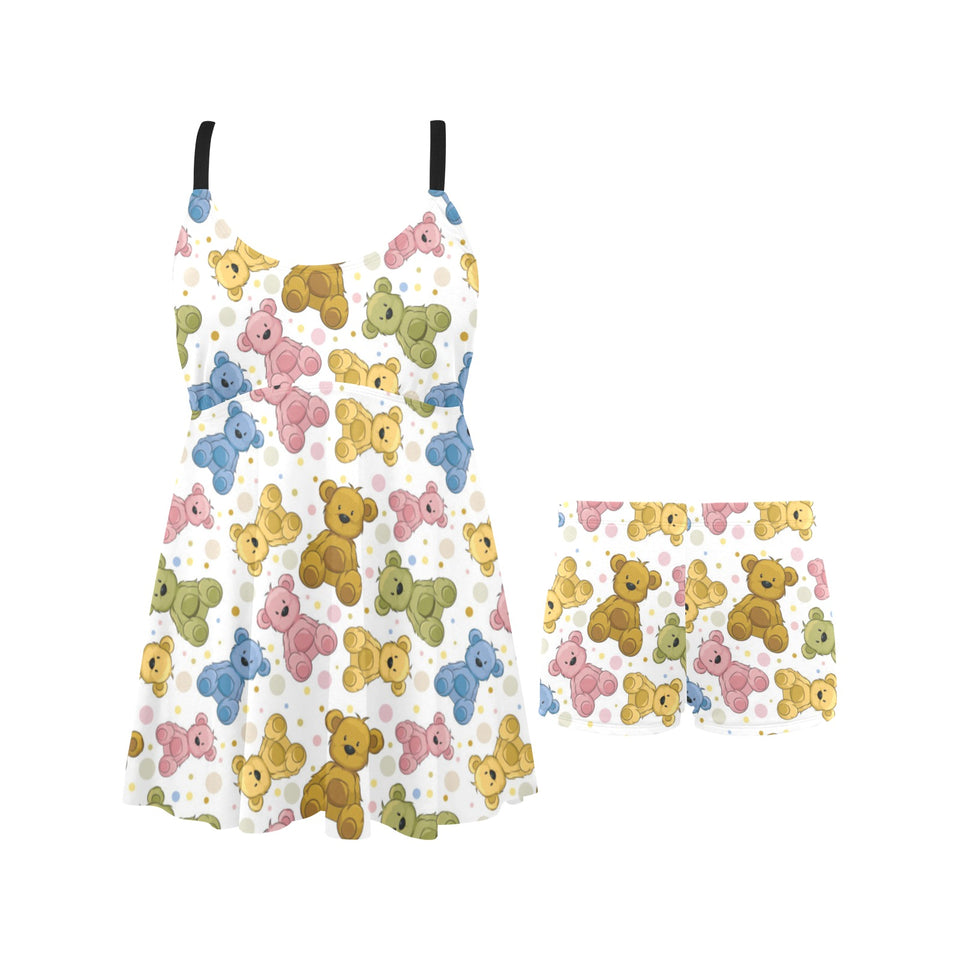 Teddy Bear Pattern Print Design 01 Chest Sexy Pleated Two Piece Swim Dress