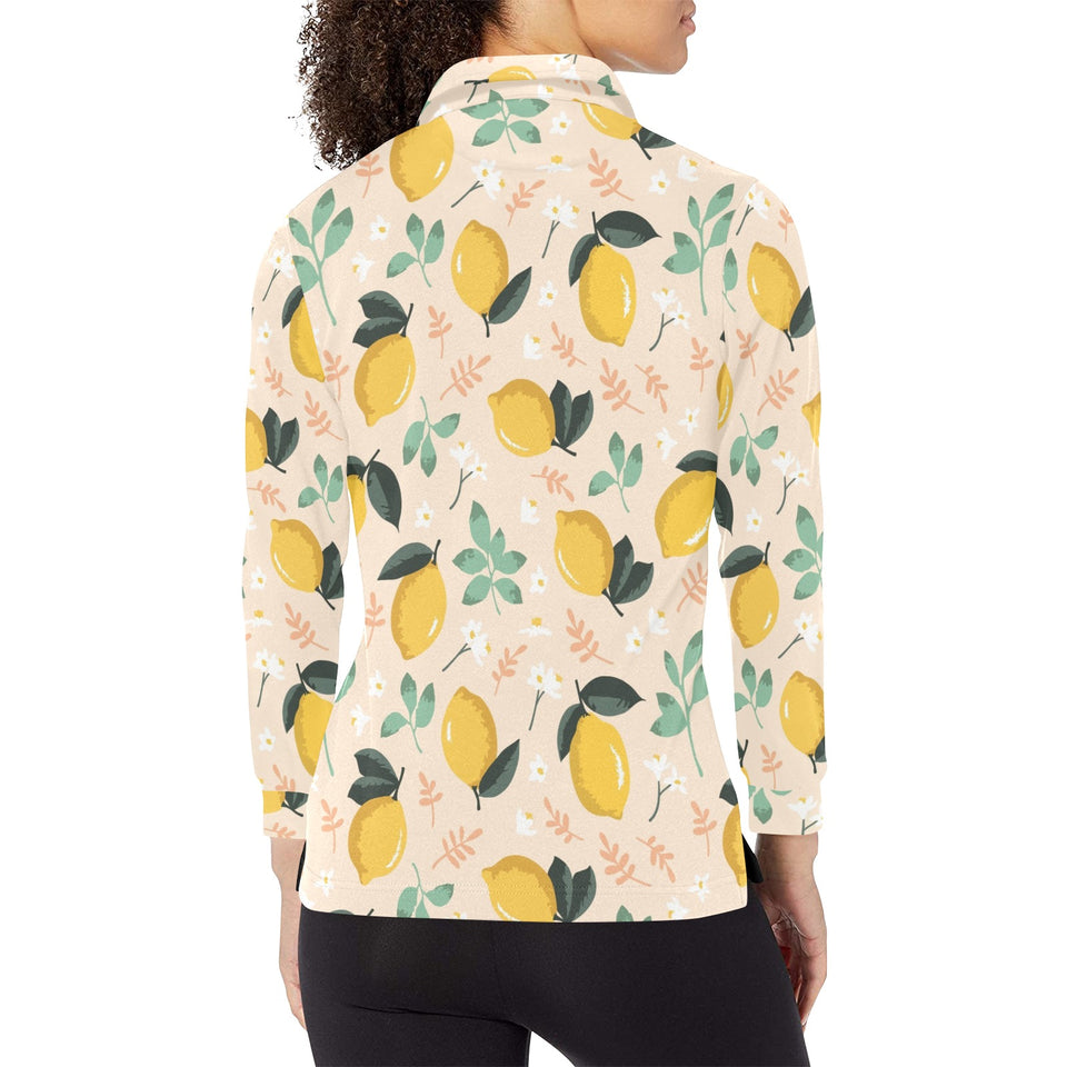 lemon flower leave pattern Women's Long Sleeve Polo Shirt