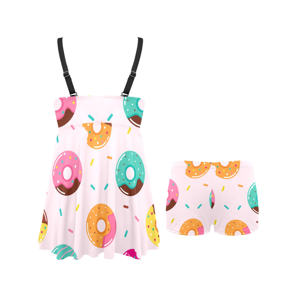 Donut pattern glaze pink background Chest Sexy Pleated Two Piece Swim Dress