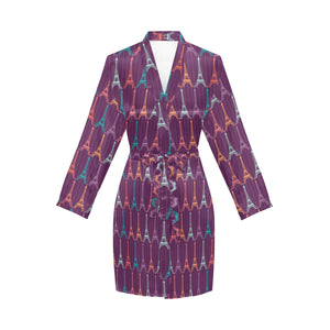 Eiffel Tower Pattern Print Design 05 Women's Long Sleeve Belted Night Robe