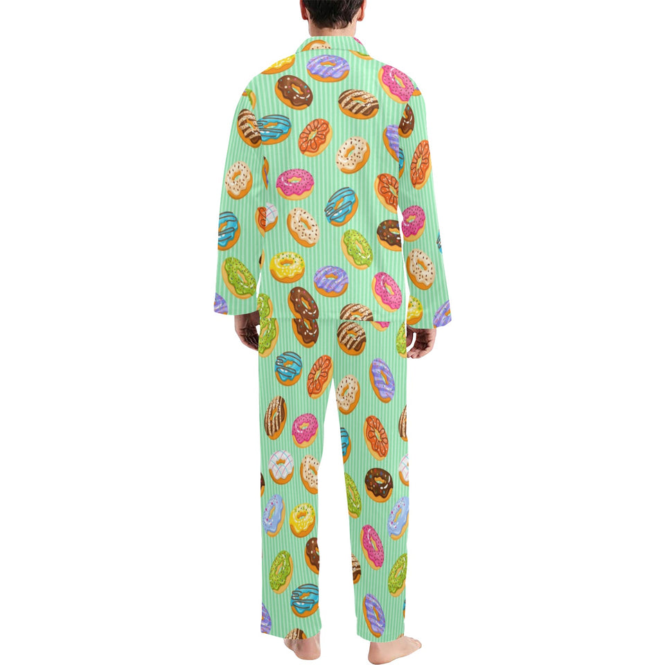 Colorful donut pattern green background Men's Long Pajama Set