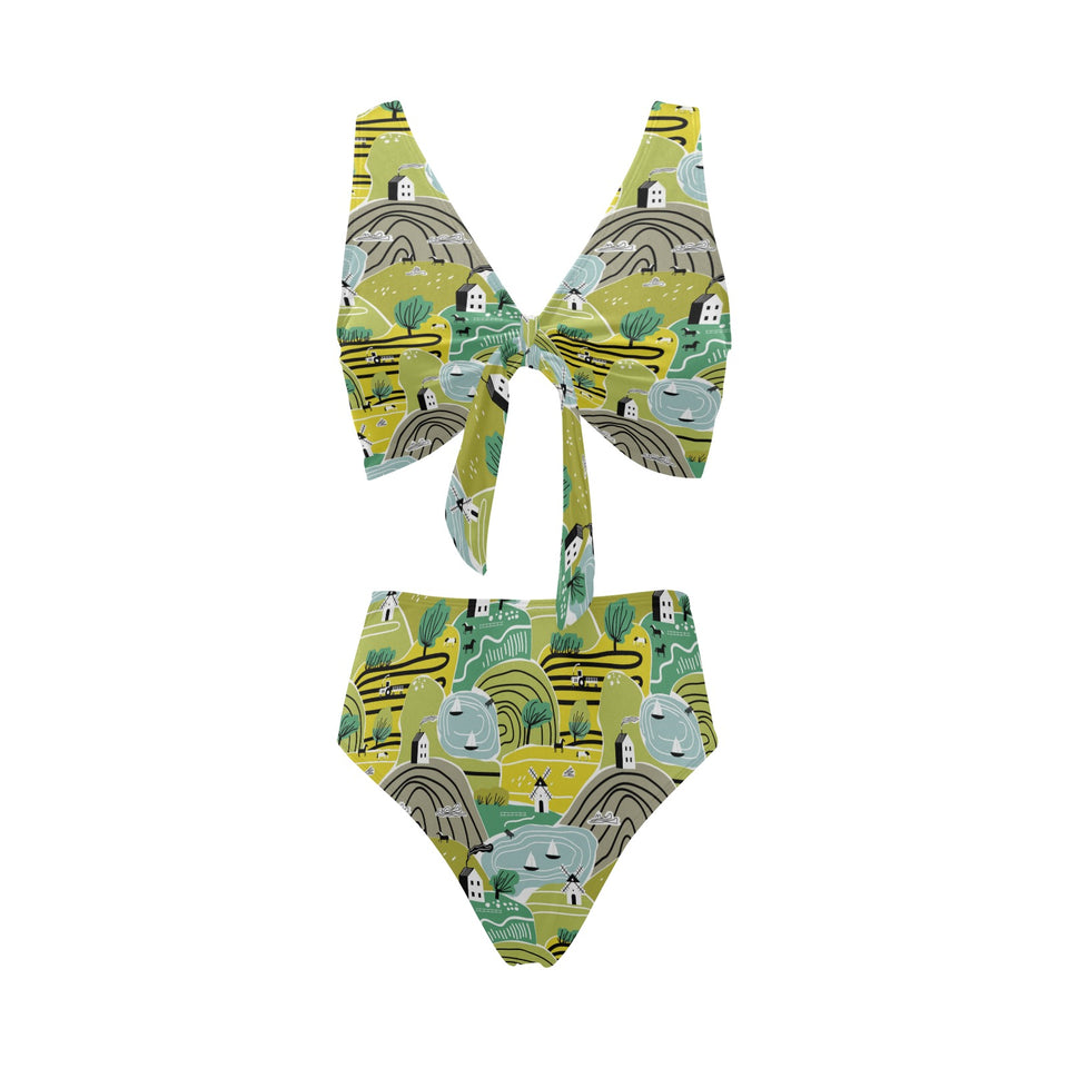 Hand drawn windmill pattern Chest Bowknot High Waisted Bikini Swimsuit