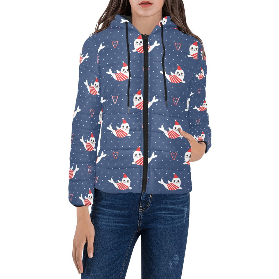 Cute sea lion seal christmas hat candy cane heart Women's Padded Hooded Jacket