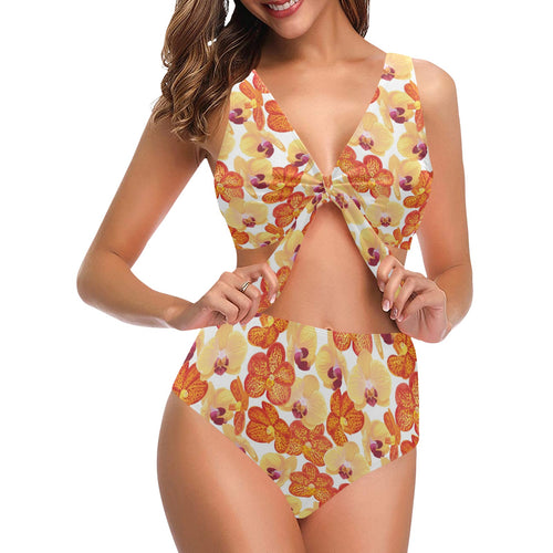 Orange yellow orchid flower pattern background Chest Bowknot High Waisted Bikini Swimsuit