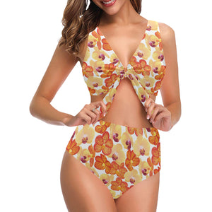 Orange yellow orchid flower pattern background Chest Bowknot High Waisted Bikini Swimsuit