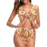 Orange yellow orchid flower pattern background Chest Bowknot High Waisted Bikini Swimsuit