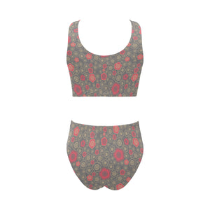 Red gold Sakura cherry blossom gray background Chest Bowknot High Waisted Bikini Swimsuit