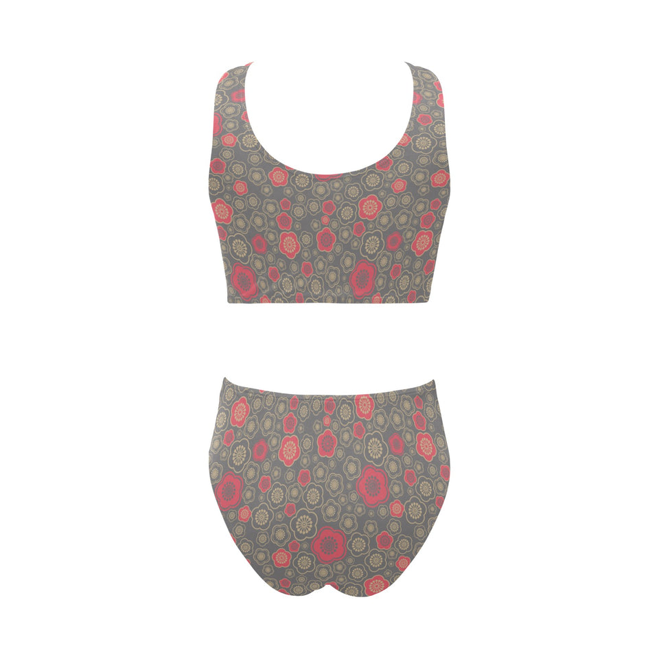 Red gold Sakura cherry blossom gray background Chest Bowknot High Waisted Bikini Swimsuit