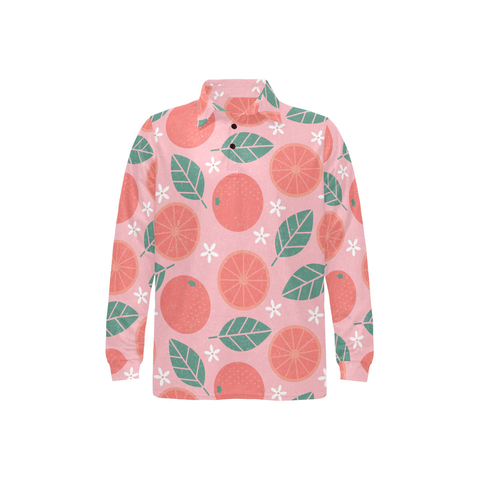 Grapefruit leaves flower pink background Men's Long Sleeve Polo Shirt