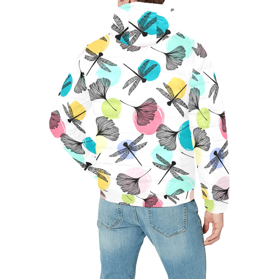 Dragonflies ginkgo leaves pattern Men's Padded Hooded Jacket