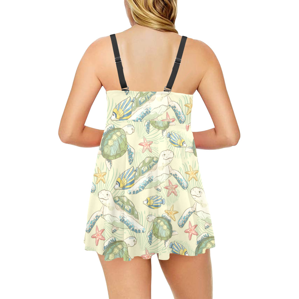 Hand drawn sea turtle fish pattern Chest Sexy Pleated Two Piece Swim Dress