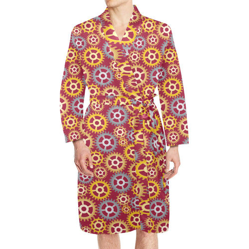 Gear Pattern Print Design 04 Men's Long Sleeve Belted Night Robe