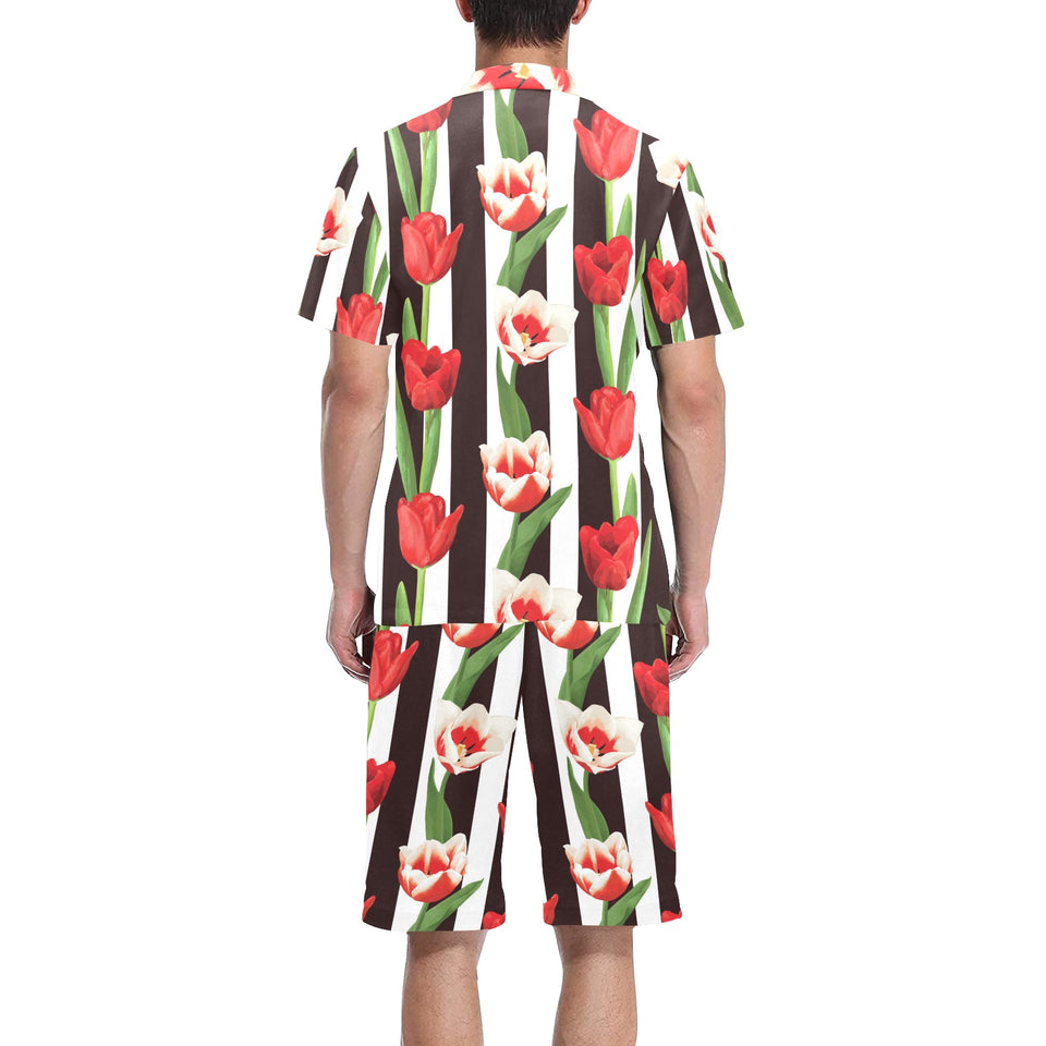red and white tulips pattern Men's V-Neck Short Pajama Set