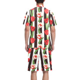 red and white tulips pattern Men's V-Neck Short Pajama Set