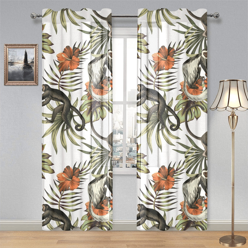 Monkey red hibiscus flower palm leaves floral patt Gauze Curtain