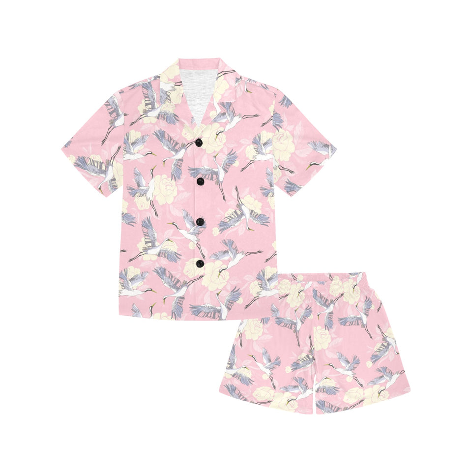 Japanese crane rose pattern Kids' Boys' Girls' V-Neck Short Pajama Set