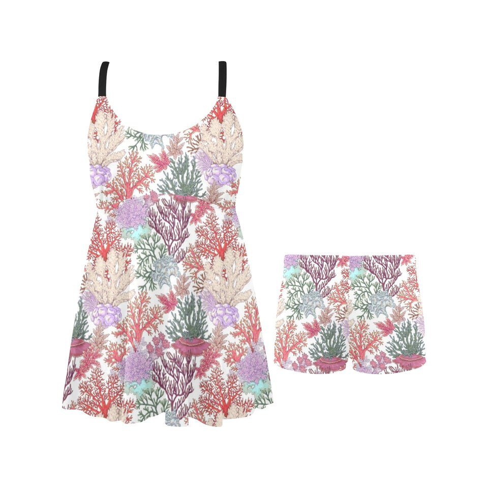 Coral Reef Pattern Print Design 03 Chest Sexy Pleated Two Piece Swim Dress