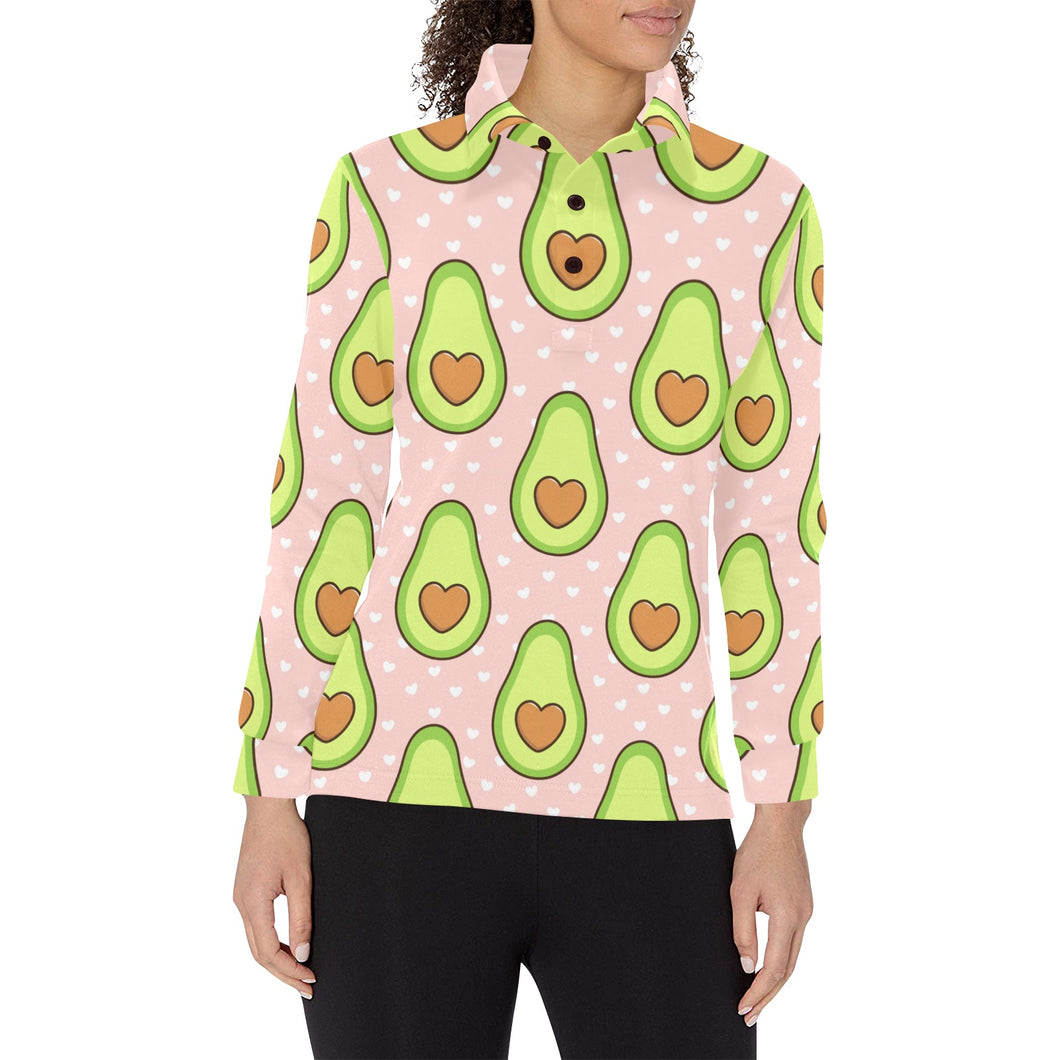 Avocado heart pink background Women's Long Sleeve Polo Shirt