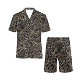 luxurious gold lotus waterlily black background Men's V-Neck Short Pajama Set