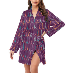 Eiffel Tower Pattern Print Design 05 Women's Long Sleeve Belted Night Robe