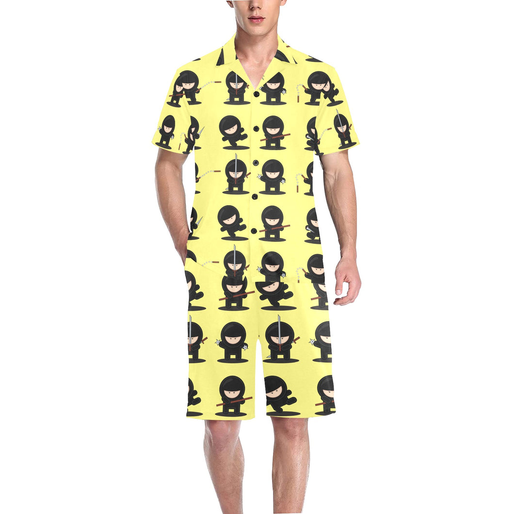 Cute ninja yellow background Men's V-Neck Short Pajama Set