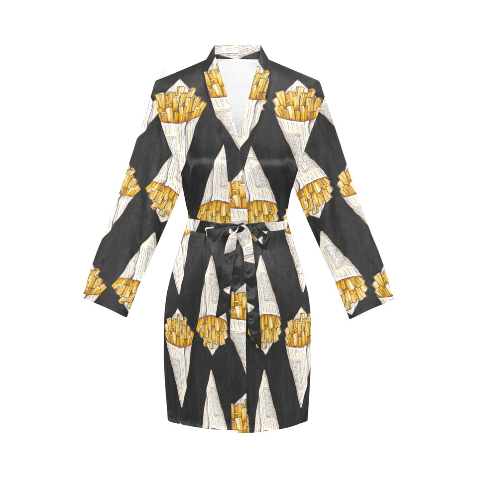 French fries dark background Women's Long Sleeve Belted Night Robe
