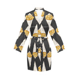 French fries dark background Women's Long Sleeve Belted Night Robe