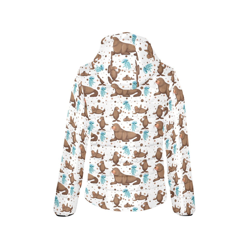 sea lion Seals jellyfish pattern Women's Padded Hooded Jacket
