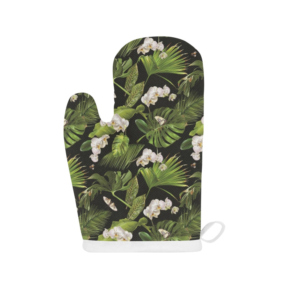 White orchid flower tropical leaves pattern blackg Heat Resistant Oven Mitts
