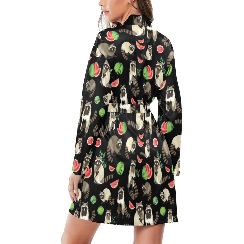 Raccoon watermelon pattern Women's Long Sleeve Belted Night Robe