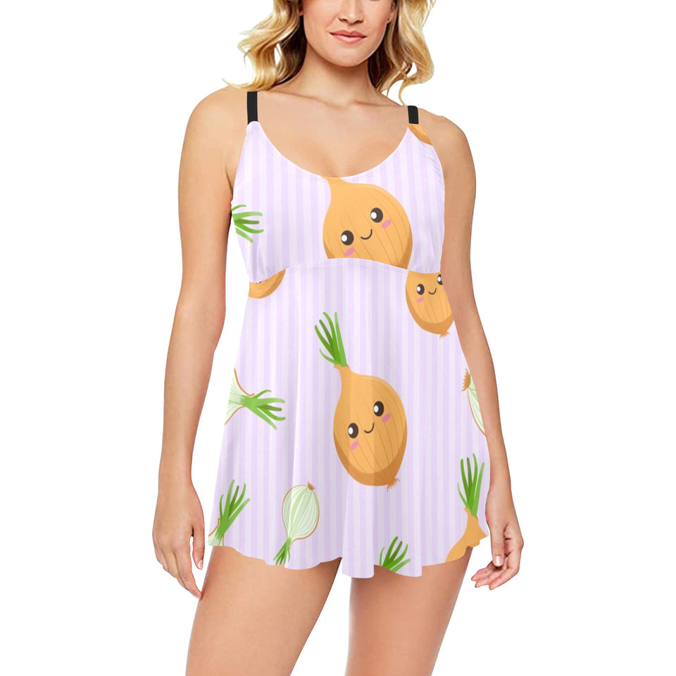 cute onions smiling faces purple background Chest Sexy Pleated Two Piece Swim Dress