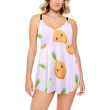 cute onions smiling faces purple background Chest Sexy Pleated Two Piece Swim Dress