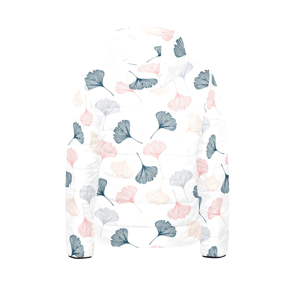 Black Gray Cream coral ginkgo leaves pattern Kids' Boys' Girls' Padded Hooded Jacket